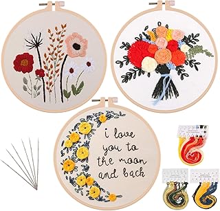 Stickerei Set mit Blumenmuster, Runde Einstellbare Stickerei Tool Kit,Starter Kit mit 1 Stickrahmen,2 Vorlage, 3 Stickgarn, 6 Nadel, für DIY Kunst, Handwerk, Nähen (Flower+Moon)