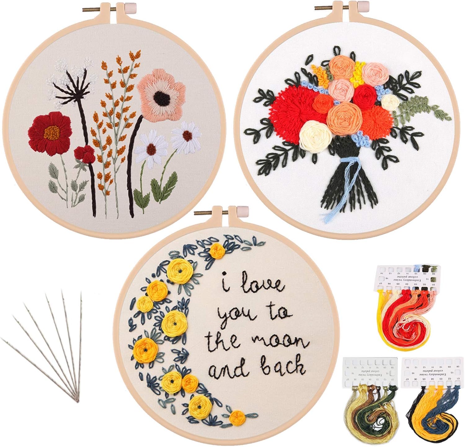 Stickerei Set mit Blumenmuster, Runde Einstellbare Stickerei Tool Kit,Starter Kit mit 1 Stickrahmen,2 Vorlage, 3 Stickgarn, 6 Nadel, für DIY Kunst, Handwerk, Nähen (Flower+Moon)