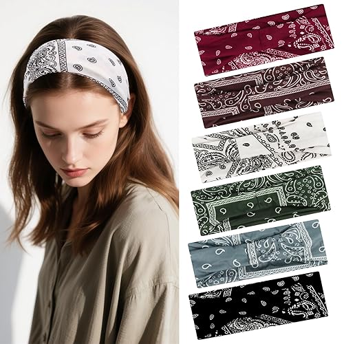KEUKORZ Wide Headbands - 6Pcs Multicolored Soft Fabric Stretchy Hairbands for Women - Fashion Bohemia Boho Hair Bands Headscarf Accessories for Women’ Hair Sports Yoga(6 Colors)