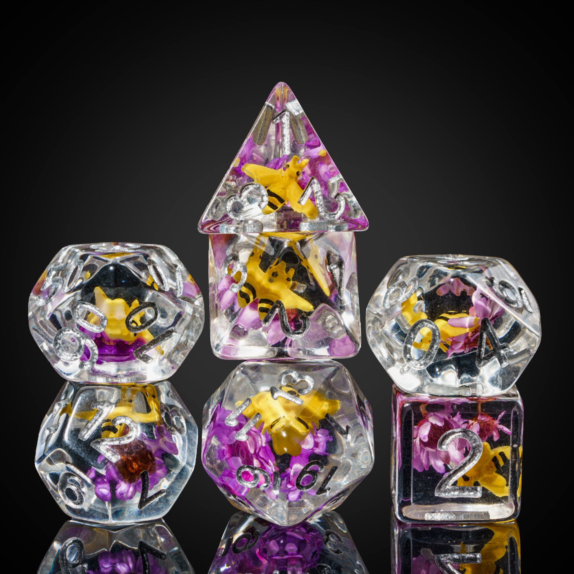cusdie 7-Die DND Dice, Polyhedral Dice Set Filled with Animal, for Role Playing Game Dungeons and Dragons D&D Dice（Yellow Bee Purple Flower） — image 1