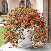 Artificial Faux Mums Fall Hanging Flowers for Outdoor Decoration,2 Pack Fake Silk Plants Daisy Realistic UV Resistant Summer Decor for Home Indoor Porch Patio Balcony Yard Autumn Decor (Brown Orange)