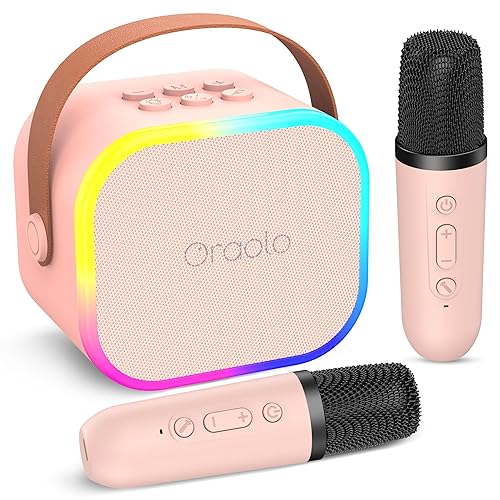 oraolo Karaoke Machine with 2 Wireless Microphones, Mini Portable Bluetooth Speaker for Kids, Birthday, for Girls Toys Age 3-12 Year Old, Voice Changing Effects & RGB Lights
