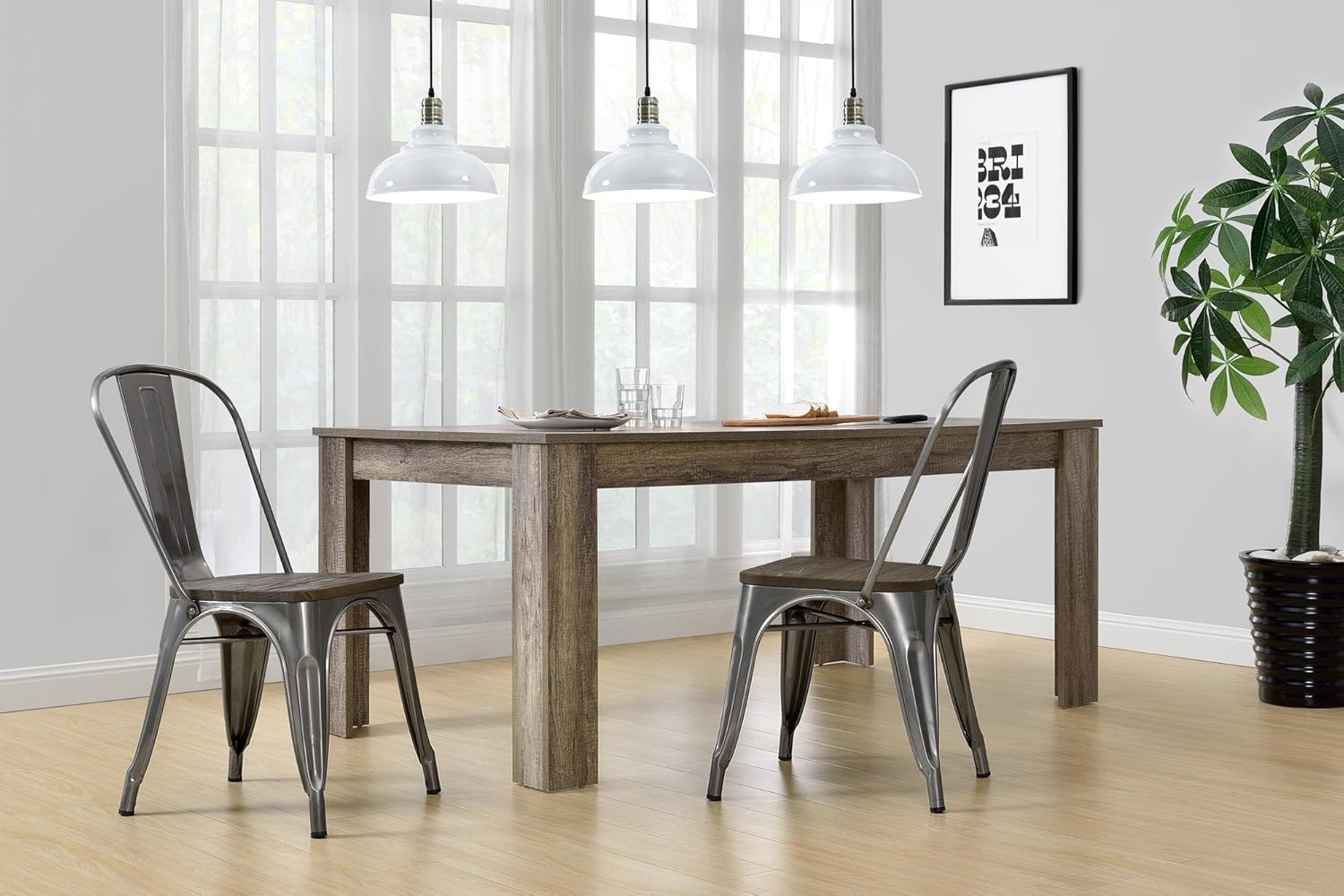 DHP Fusion Metal Dining Chair with Wood Seat, Distressed Metal Finish for Industrial Appeal, Set of two, Antique Gun Metal: Furniture & Decor