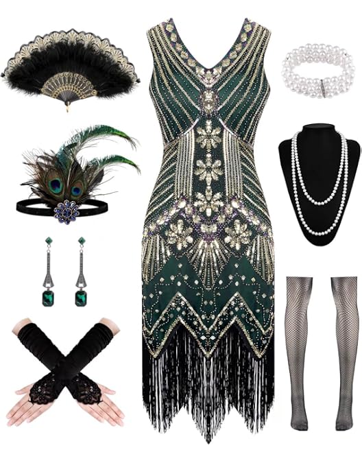 Women's 1920s Sequin Beaded Flapper Dress With Accessories Set - Gold & Green, Size 3XL