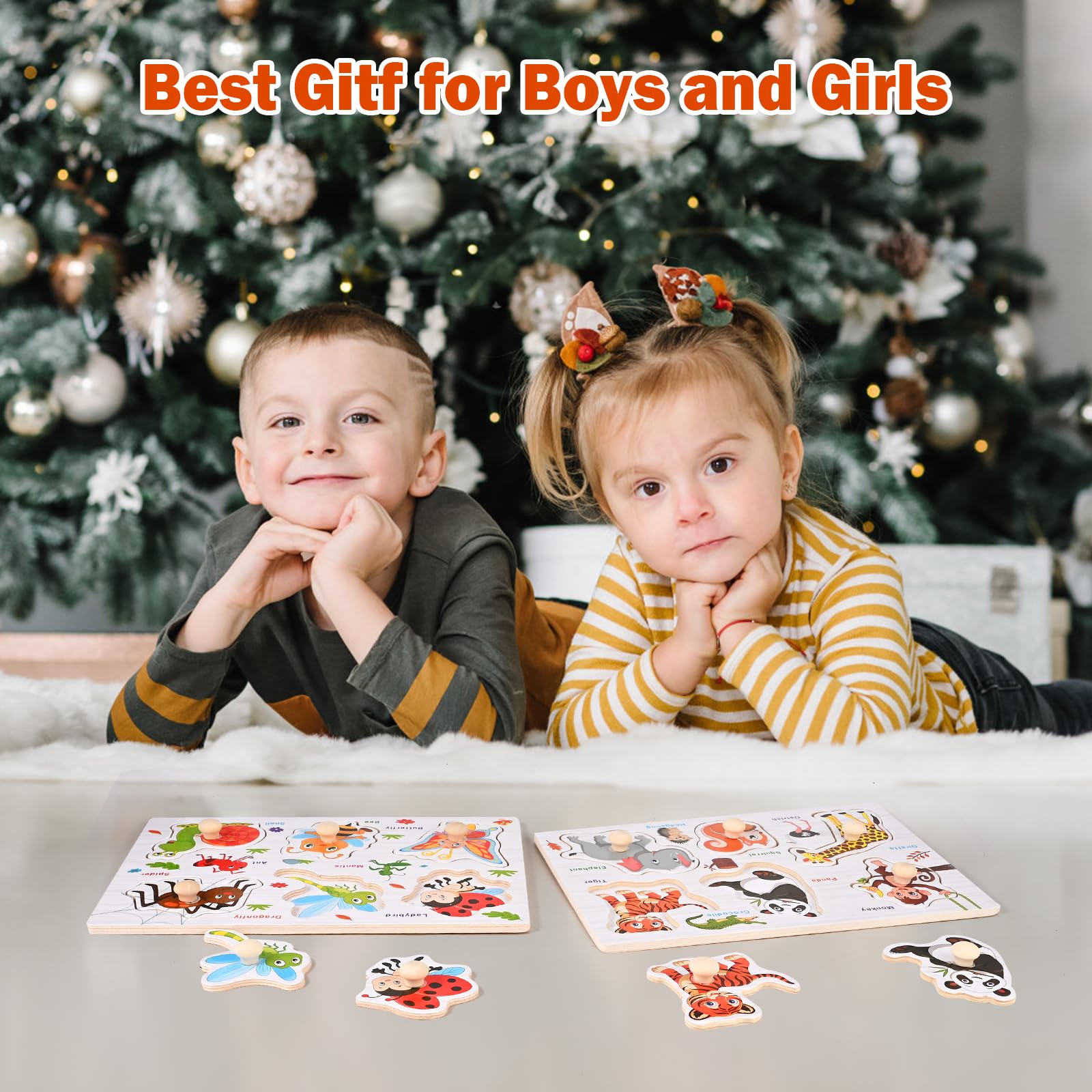 Wooderma Wooden Peg Puzzles for Toddlers 1-3, 6 PCS Puzzles for Kids, Montessori Toddler Numbers, Vegetables, Fruits, Insects, Sea and Animals Puzzles, Great Preschool Gifts for Girls and Boys