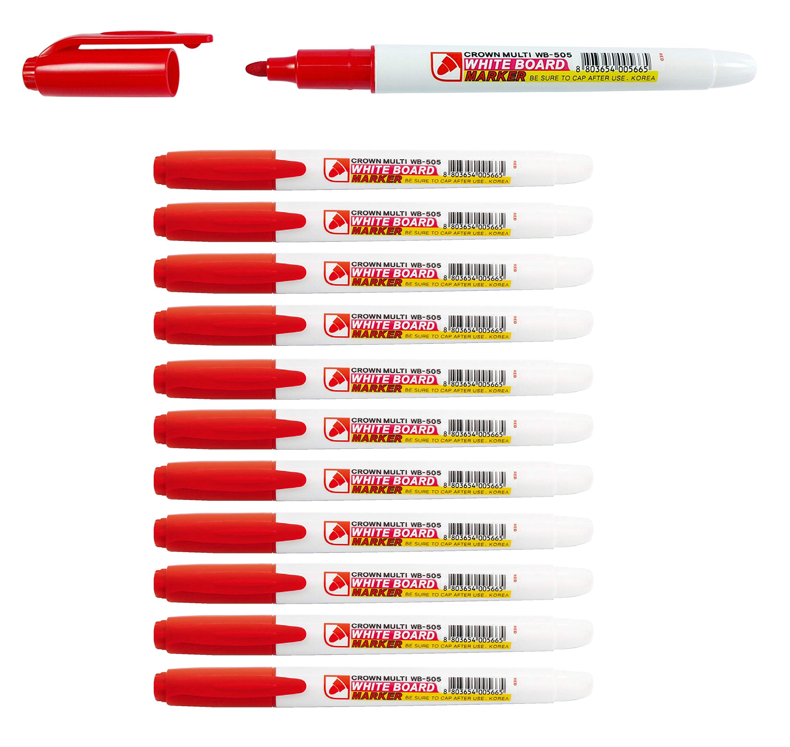 CROWN WB505 Drywipe Pens Bullet Tip - Pen Style Markers - Pack Of 12 - Dry Erase Ink - Red - 2mm Line