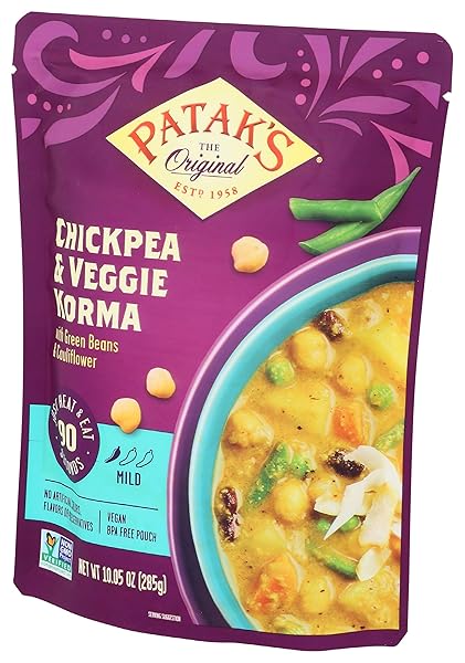 PATAK’S CHICKPEA & VEGGIE KORMA, MILD & CREAMY CURRY WITH COCONUT, CHICKPEAS & GREEN BEANS, READY TO EAT MEALS, VEGETARIAN, 10.05 OUNCE (PACK OF 1)