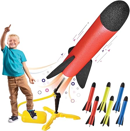 Amazon 子ども用おもちゃ ロケットランチャー 最大100フィートまで飛ばせる 8個のカラフルなフォームロケット 頑丈なランチャースタンド フットローンチパッド付き 子どものための楽しいアウトドアおもちゃ 3歳以上の男の子と女の子へのギフトおもちゃ ミニカー