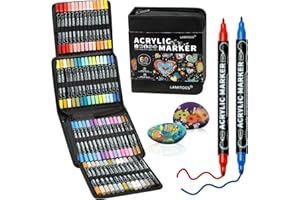 Lamitocs Acrylic Paint Pens, 60 Colours Dual Tip Acrylic Markers with Fine & Dot Nibs for Rock, Wood, Glass, Canvas, Office &