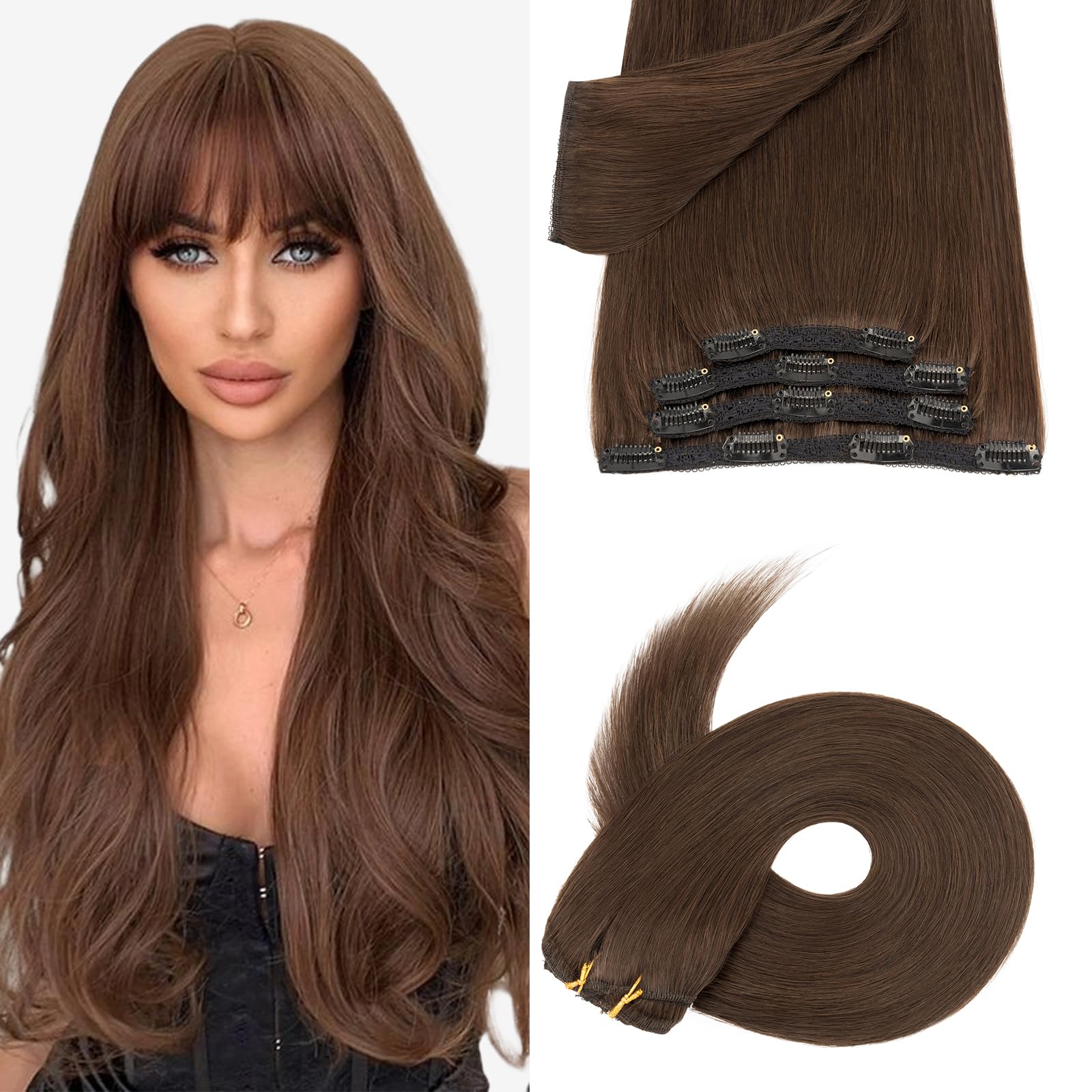 Silk-co Clip in Hair Extensions Real Human Hair Remy Double Weft With Lace Coverd Clip in Silky Straight Natural Thick Hair Seamless 7pcs 16Clips 90g 12Inch #02 Dark Brown