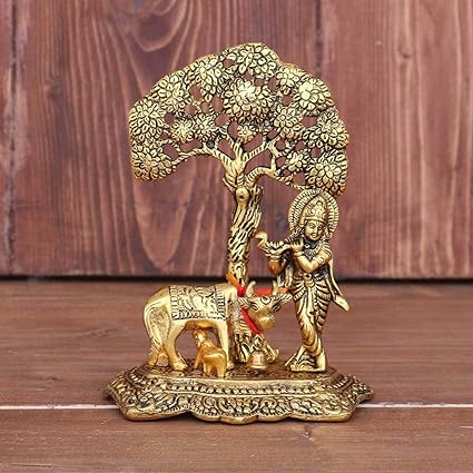 Prince Home Decor & Gifts Metal Krishna with Cow Standing Under Tree Plying Flute (Gold, 12x8x17cm)
