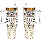 Mindunm 40 oz Elephant Laser Engraving Tumbler With Handle With Lid Straw Double Insulated Travel Coffee Cup Elephant Travel Accessories Must Have Gifts For Women
