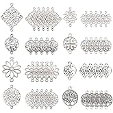 SUNNYCLUE 1 Box 80Pcs 8 Styles Flat Round Flower Charms Tibetan Style Link Connectors Charm Tree of Life Pendants Rhombus Links for Women DIY Earring Necklace Bracelet Jewellery Making