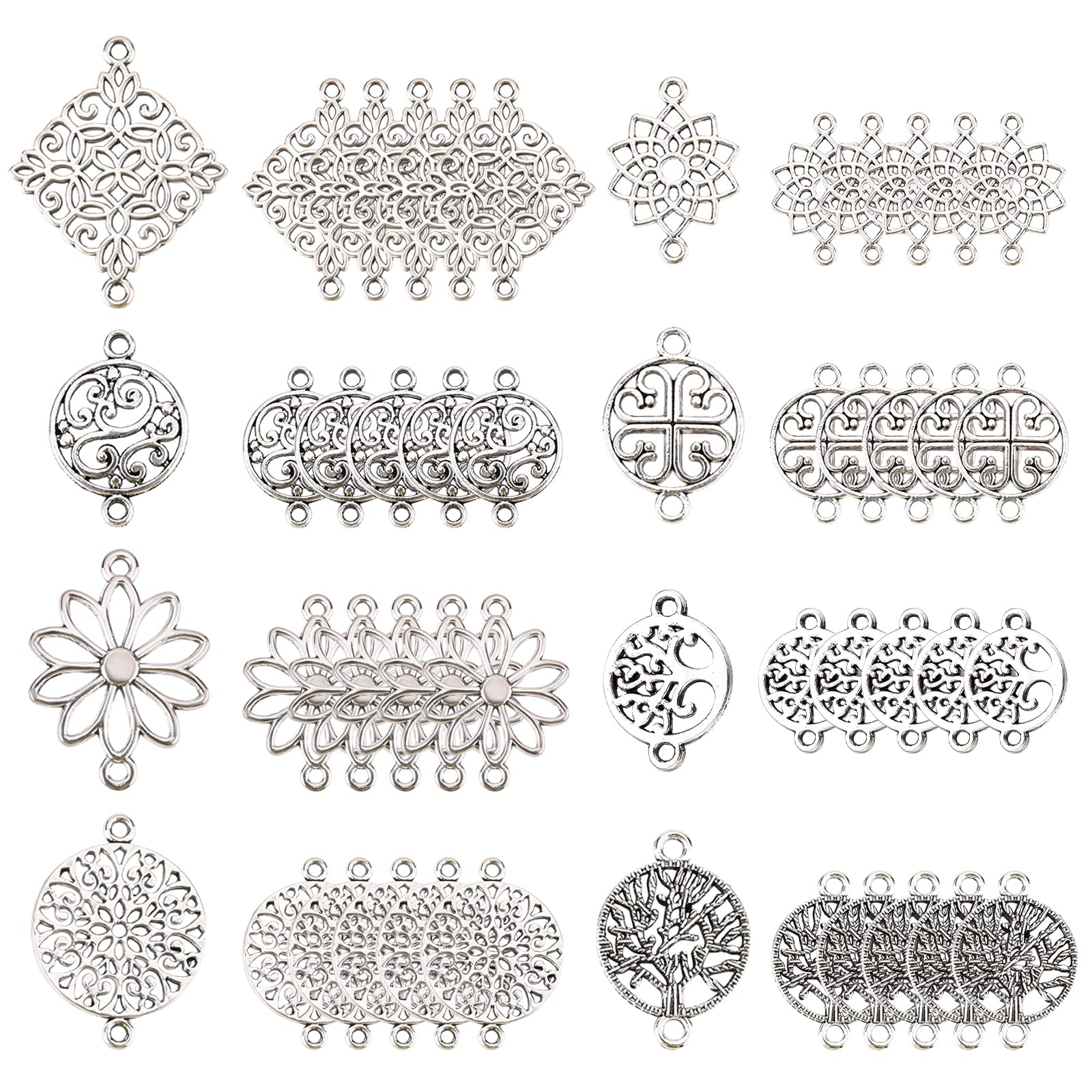 SUNNYCLUE 1 Box 80Pcs 8 Styles Flat Round Flower Charms Tibetan Style Link Connectors Charm Tree of Life Pendants Rhombus Links for Women DIY Earring Necklace Bracelet Jewellery Making