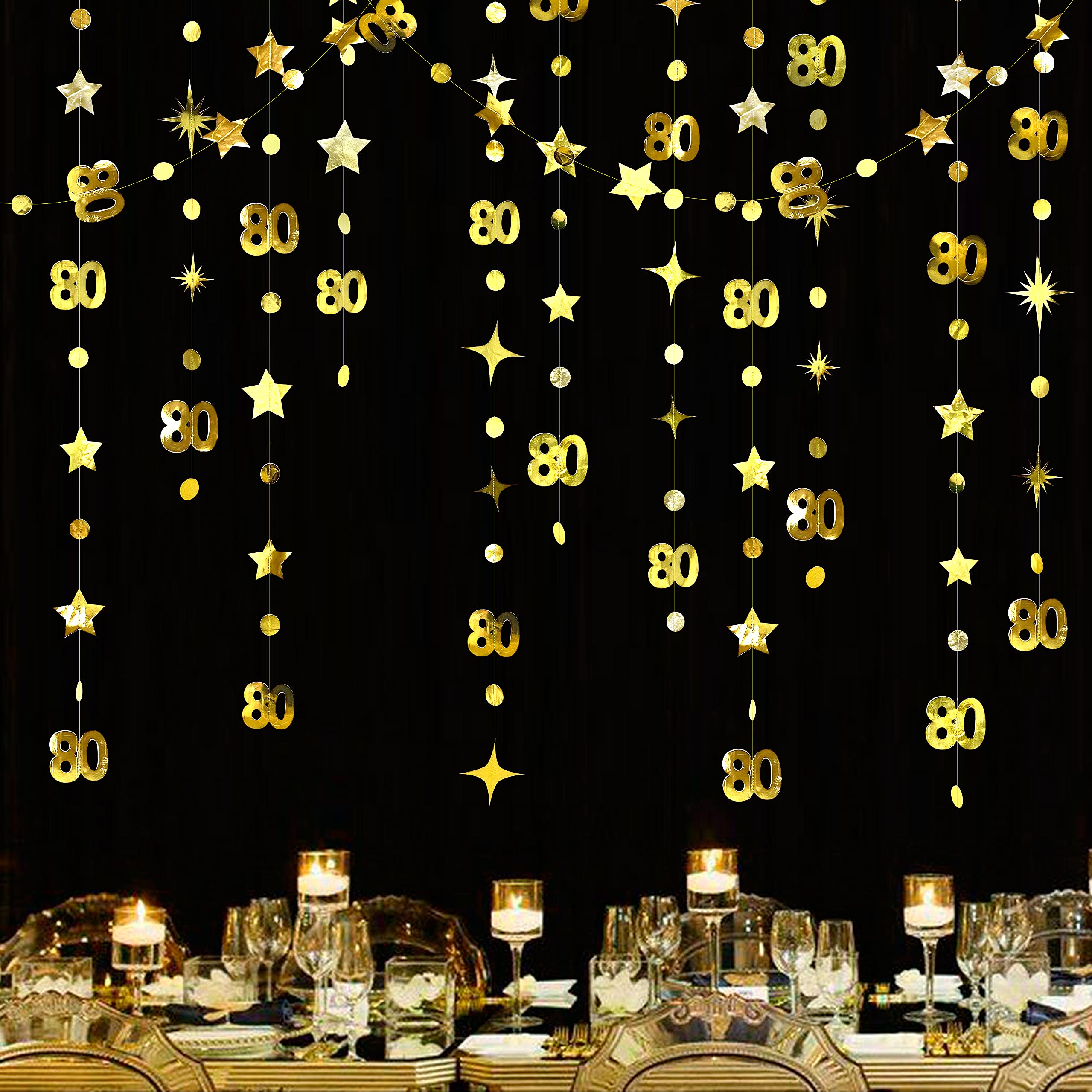 Gold 80th Birthday Party Decorations Number 80 Circle Dot Twinkle Star Garland Metallic Hanging Streamer Bunting Banner Backdrop 80 Year Old Women and Mens Birthday Eighty Anniversary Party Supplies