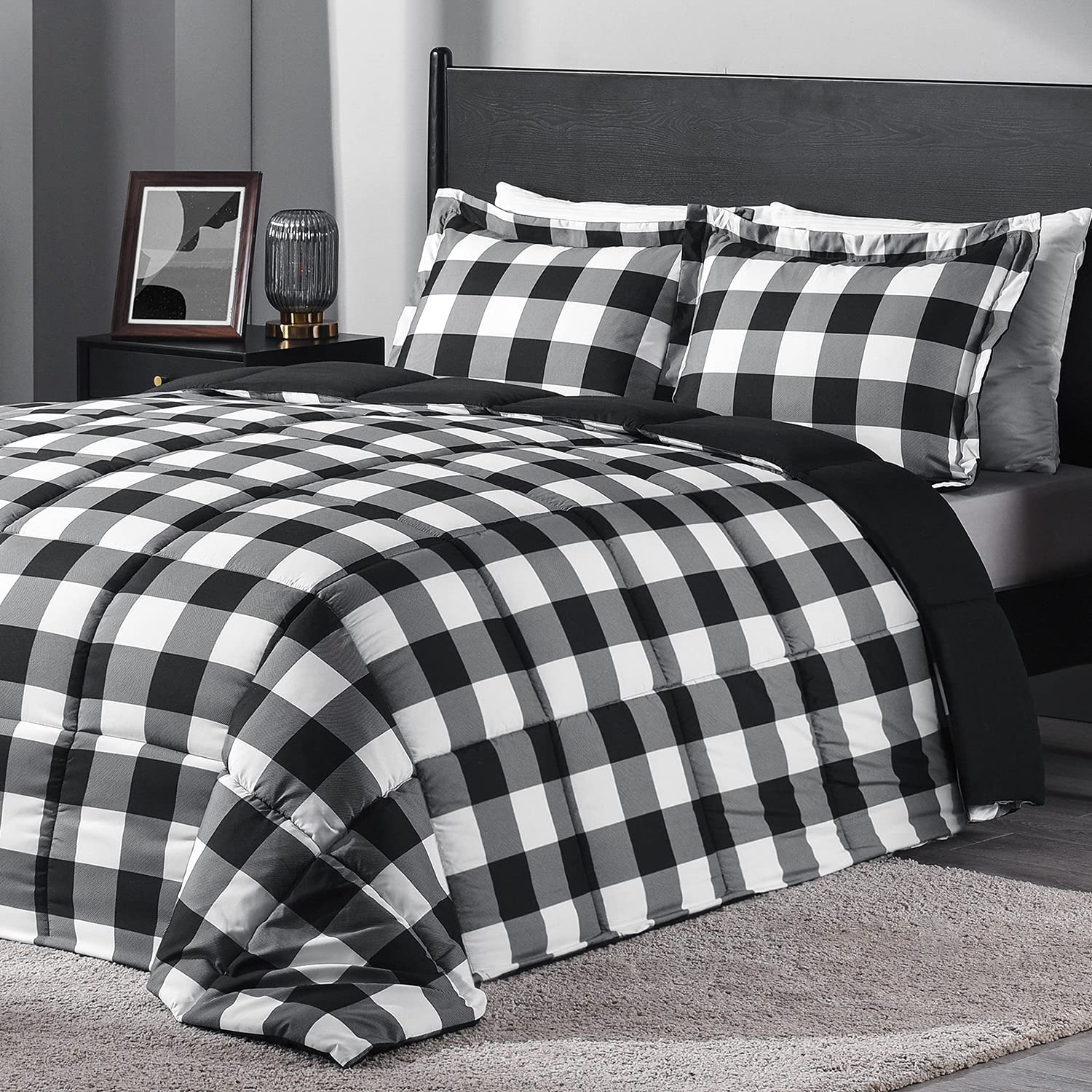 Photo 1 of downluxe Lightweight Plaid Comforter Set (King) with 2 Pillow Shams - 3-Piece Set - Black/White Plaid - Down Alternative Reversible Comforter