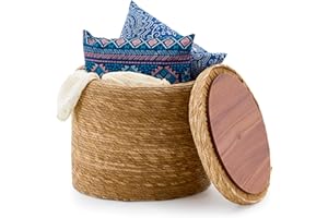 Wimarsbon Storage Pouf Ottoman, Hand Weaving Natural Straw Foot Stool, Bohemian Round Patio Ottomans, Rustic Lounge Pouffe, Outdoor Extra Seat for Garden