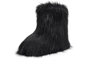 CEPEPRIN Women's Faux Fur Boots Furry Fuzzy Snow Boots Fluffy Winter Boot Warm Comfortable Mid-Calf Boot Outdoor Indoor Flat Shoes