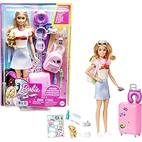 Barbie Doll & Accessories, Travel Set with Puppy and 10+ Pieces, Suitcase Opens & Closes, Barbie 'Malibu' with Blonde Hair