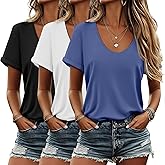 Riyiper 3 Pack Women's V Neck Shirt, Summer Rolled Sleeve Solid Tops Casual Loose Tees Lightweight Basic Soft Tshirt
