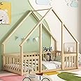 PVWIIK Twin Size Montessori Floor Bed with Fence & Guardrails for Kids Girls Boys,House Floor Bed with Slats,Easy Assembly & No Box Spring Needed, Natural
