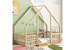 PVWIIK Twin Size Montessori Floor Bed with Fence & Guardrails for Kids Girls Boys,House Floor Bed & Solid Wood Bed Frame,Easy Assembly & No Box Spring Needed, Natural
