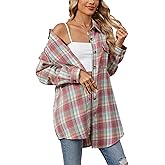 Mingzhu Womens Oversized Flannel Plaid Shirts Button Down Long Sleeve Mid-Long Plaid Shackets Collared Blouses Tops