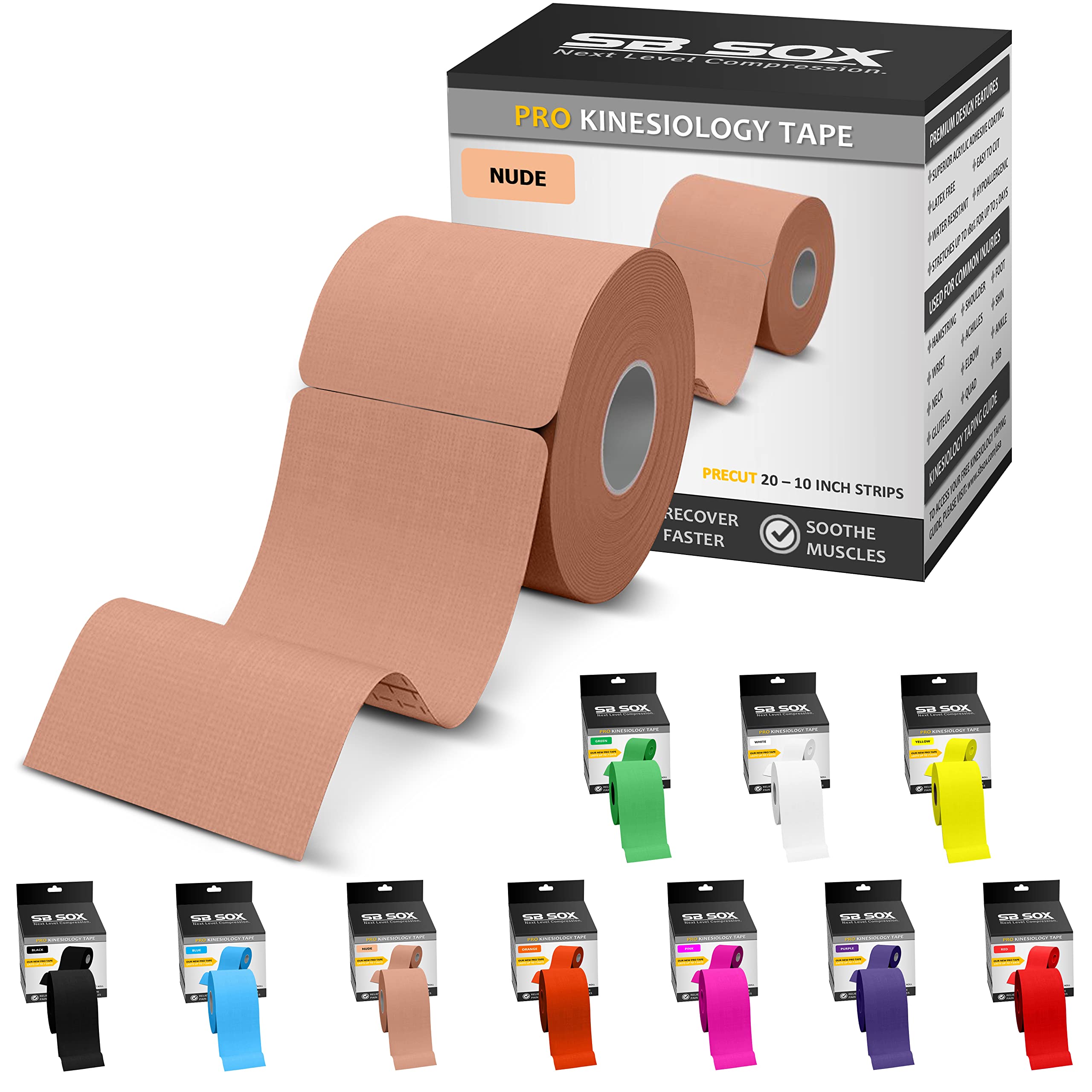 SB SOX Pro Synthetic Kinesiology Tape (Precut & Uncut Options) – Longer Lasting Performance Fabric Option to Our Original Cotton Kinesiology Tape - Also Latex Free, Water Resistant! (Nude - Precut)