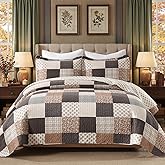 KALOOLA Plaid Quilt King Size - 100% Cotton Lightweight Quilted Bedding Set 3 Pcs, Farmhouse Botanical Bedspread with 2 Pillow Shams, Reversible Bed Coverlet for All Season, Brown/Charcoal/Gray
