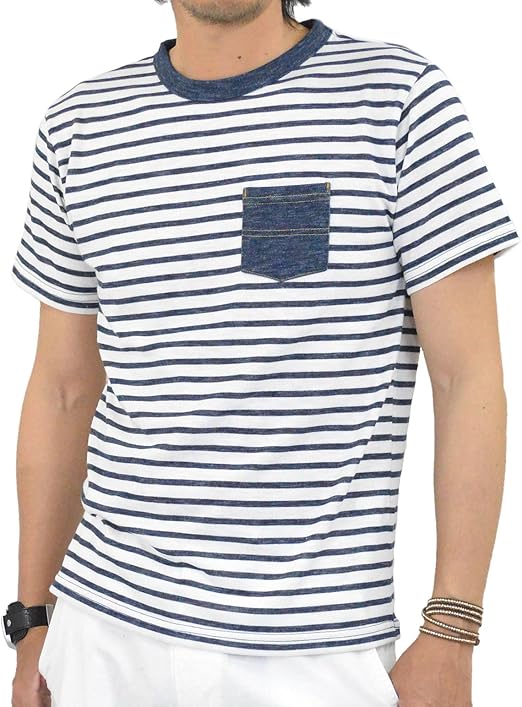 Amazon デニムライク 天竺 Tシャツ 無地 ボーダー 半袖 メンズ L 03 ネイビーボーダー Tシャツ カットソー 通販