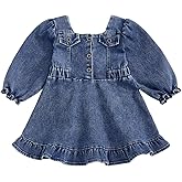 Gaono Toddler Baby Girl Denim Dress Long Sleeve Square Neck Button Down A-line Blue Jean Dresses Fall Winter Clothes