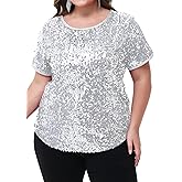 Anna-Kaci Women's Sequin Tops Plus Size Round Neck Sparkle Glitter Short Sleeve Party Tunic Blouse