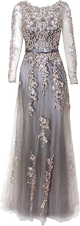 meier women's illusion long sleeve embroidery prom formal dress