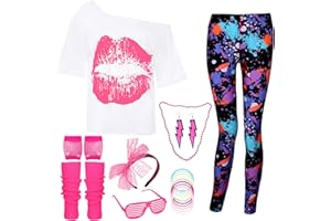 DANGCOS 80s Outfit Costumes Accessories for Women Off The Shoulder Tops Shirts Neon Leggings with Leg Warmers