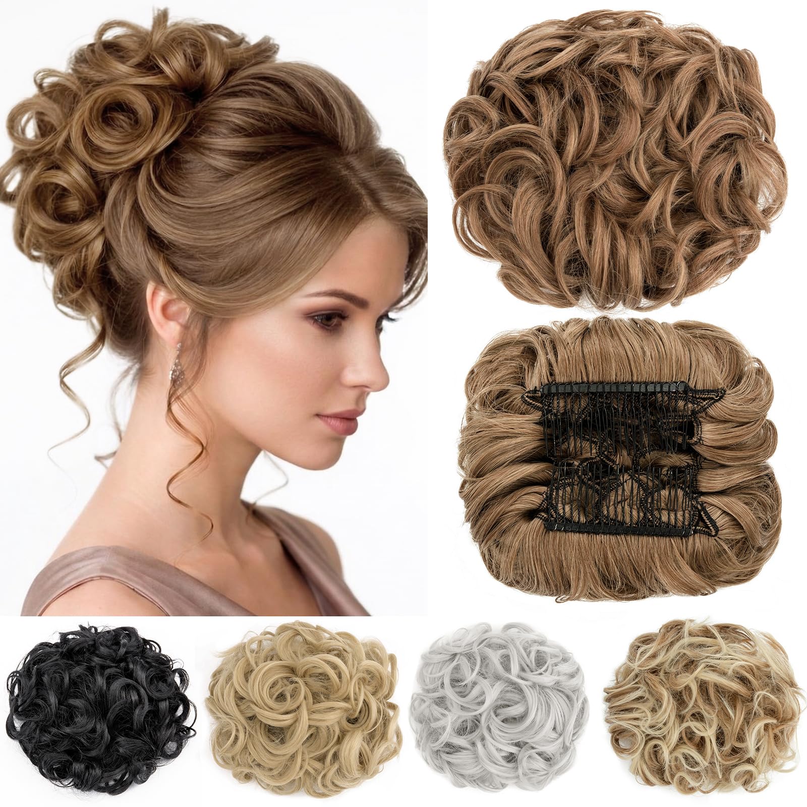 Short Messy Curly Dish Hair Bun Extension Easy Stretch hair Combs Clip in Ponytail Extension Scrunchie Chignon Tray Ponytail Hairpieces Light Brown Blonde Highlight