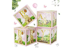 B4B3E Classic Winnie Baby Shower Boxes Pink for Newborn Baby Girl Boy, Vintage Winnie Bear First 1st Birthday Party Decorations the Pooh Theme Box Block Supplies for Kids Cake Smash Photography Favor Props