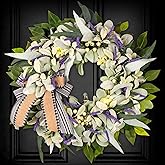 Lambs Ear Wreaths for Front Door All Season Home Decor Pocrh Wall, 20" Green Handmade Farmhouse Spring Summer Wreath with Lavender Bow