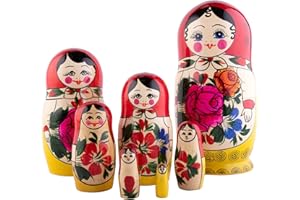 Heka Naturals Semyonov Red Nesting Dolls | All Natural Wooden Matryoshka Doll Set of 7 (7 Inch) - Traditional Babushka Home Decor, Wooden Stacking Dolls, Vintage Handmade Shape