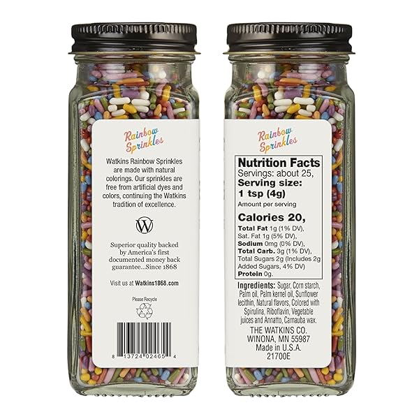 WATKINS RAINBOW DECORATING SPRINKLES, NO ARTIFICIAL DYES, KOSHER, 3.4 OUNCE JAR, 1-PACK