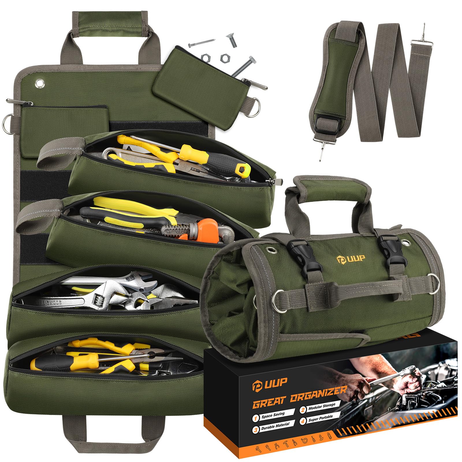 Photo 1 of UUP Heavy Duty Tool Bag, Roll Up Tool Organizer for Men Women, Portable Tool Storage Box with 4 Detachable Zipper Pouch, Compact Small Carrier Bag for Electrician Mechanic, Father Day Dad Gift, Green