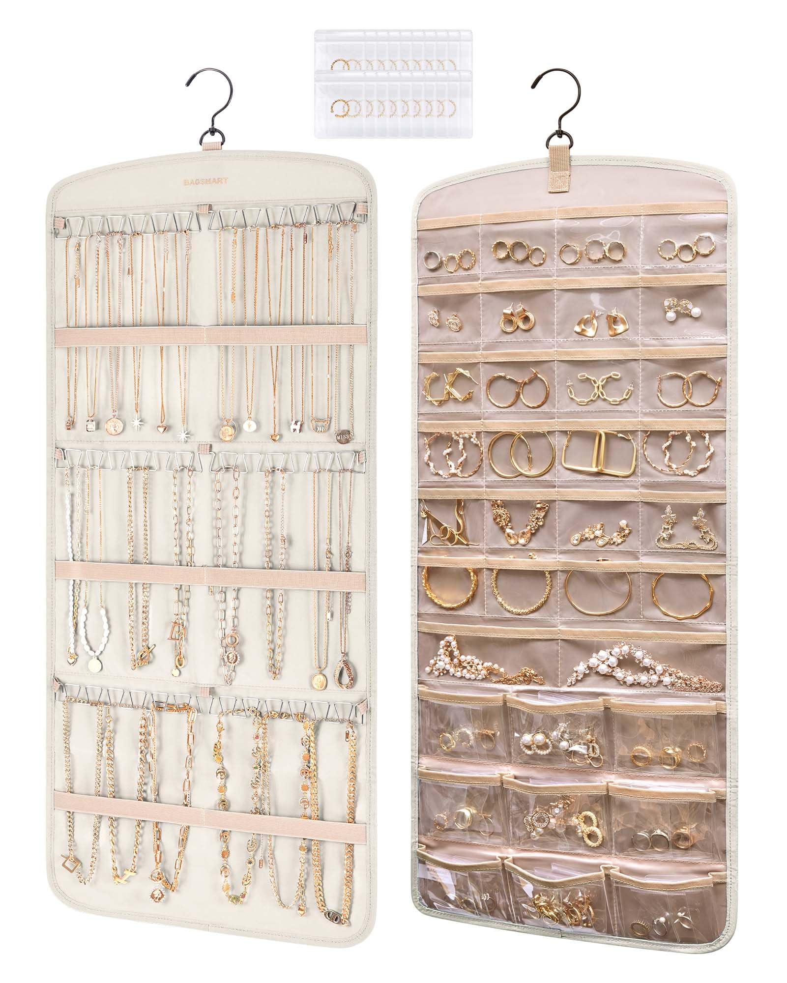 Photo 1 of BAGSMART Hanging Jewelry Organizer, Necklace Holder Anti-tangle Earrings Rings Hanger with Pockets Hang on Closet, Wall, Door,1 Piece, Large Beige