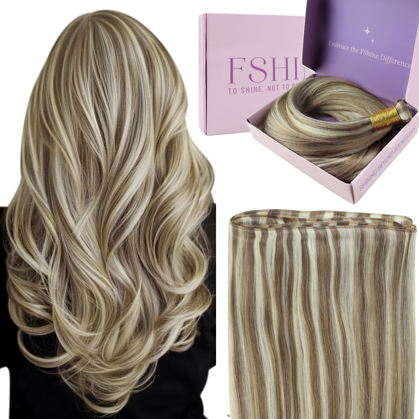 Fshine Weft Hair Extensions Real Human Hair Light Brown Highlighted and Platinum Blonde Bundles Real Hair Straight Remy Extensions 24 Inch Weft Human Hair Extensions 60g — image 1