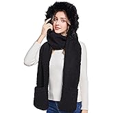 Winter Faux Fur Fuzzy Trim Sherpa Hooded Scarf Cute 3-in-1 Scarf Hat Gloves Set for Women