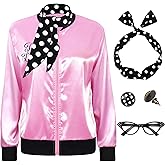 SOMSOC 5 Pieces 1950s Women Pink Satin Jacket with Polka Dot Scarf Headband Earrings Eye Glasses Halloween Party Costume Set