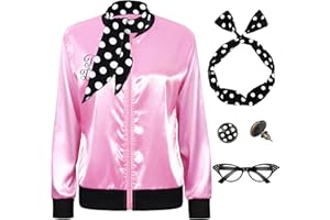 SOMSOC 5 Pieces 1950s Women Pink Satin Jacket with Polka Dot Scarf Headband Earrings Eye Glasses Halloween Party Costume Set