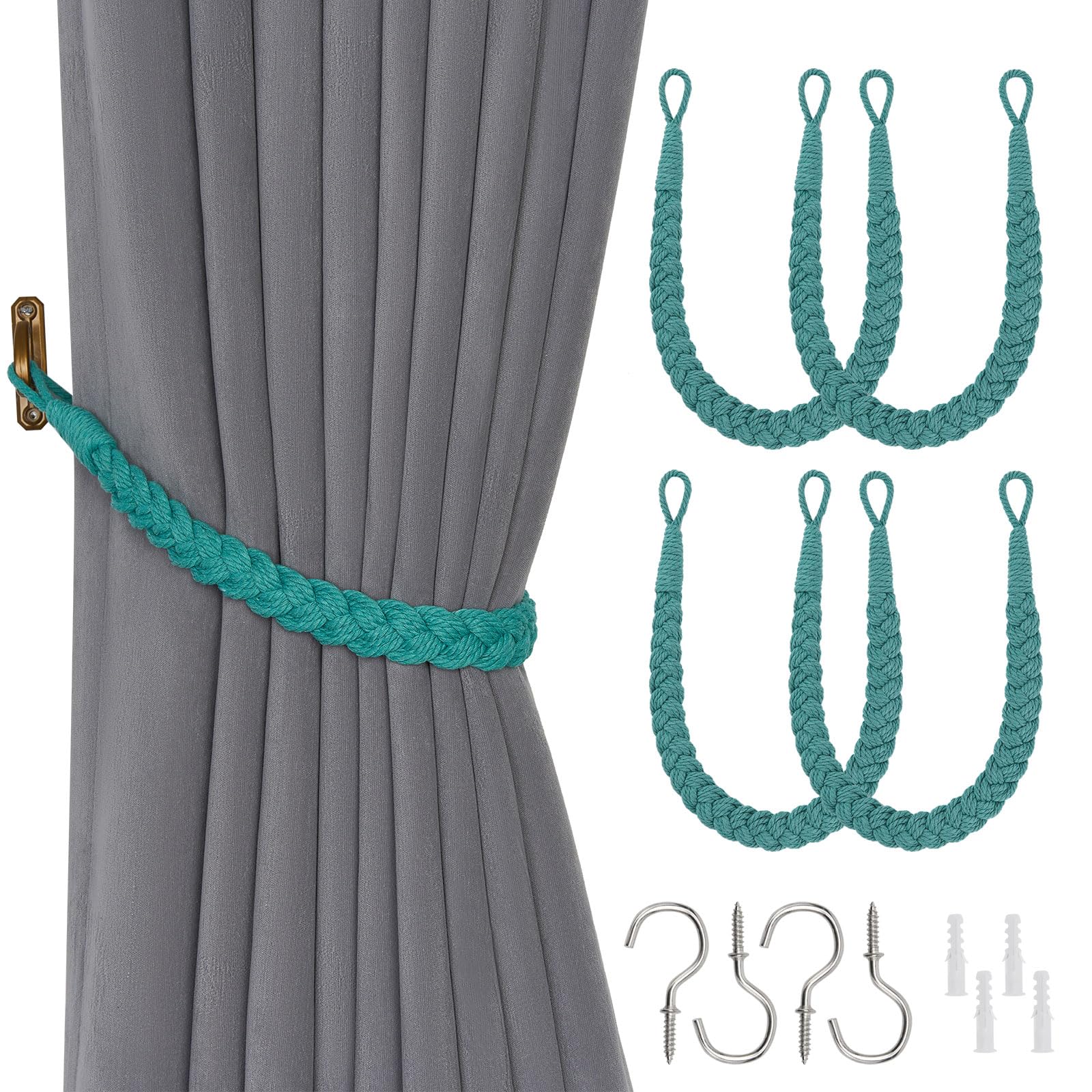 Pretty Jolly 4 Pack Natural Cotton Rope Curtain Tiebacks Elegant Boho Style Decorative Drape Tie Backs Soft Hand-Woven Rope Curtain Holdbacks with Metal Hook for Home & Office Drapery (Teal)