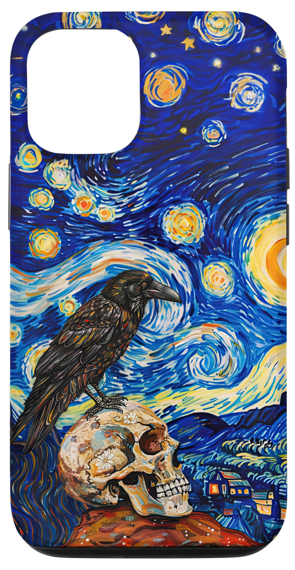 iPhone 15 Crow On Skull Starry Night Aesthetic Goth Grunge Raven Skull Case