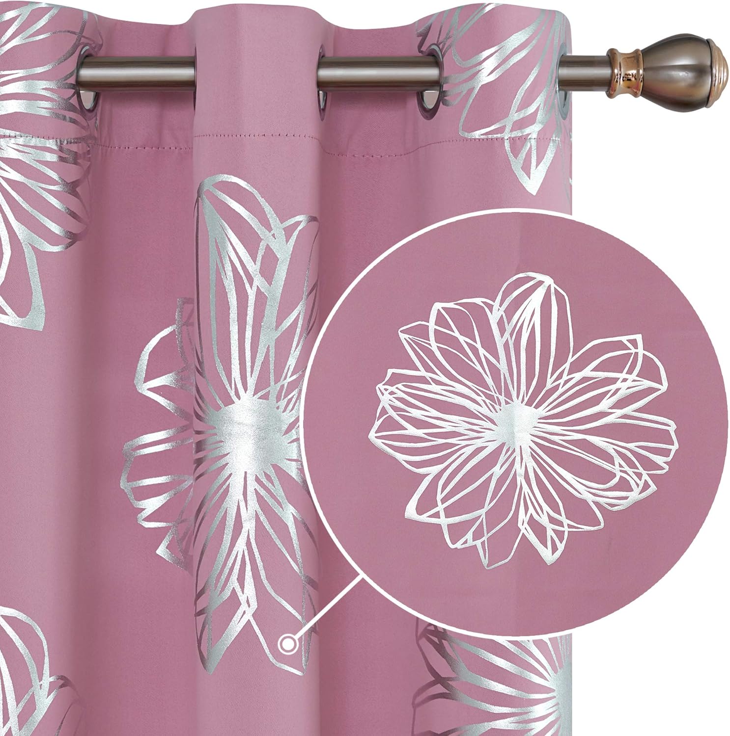 Deconovo Pink Thermal Insulated Blackout Curtains Foil Print Flower