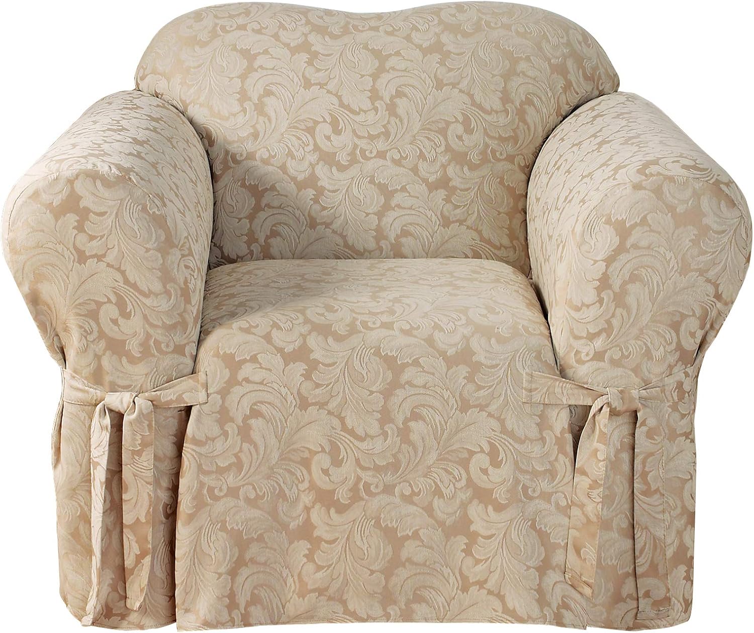 Amazon Com Surefit Home Decor Scroll Damask Box Cushion Chair One Piece Slipcover Relaxed Fit Cotton Polyester Machine Washable Champagne Home Kitchen