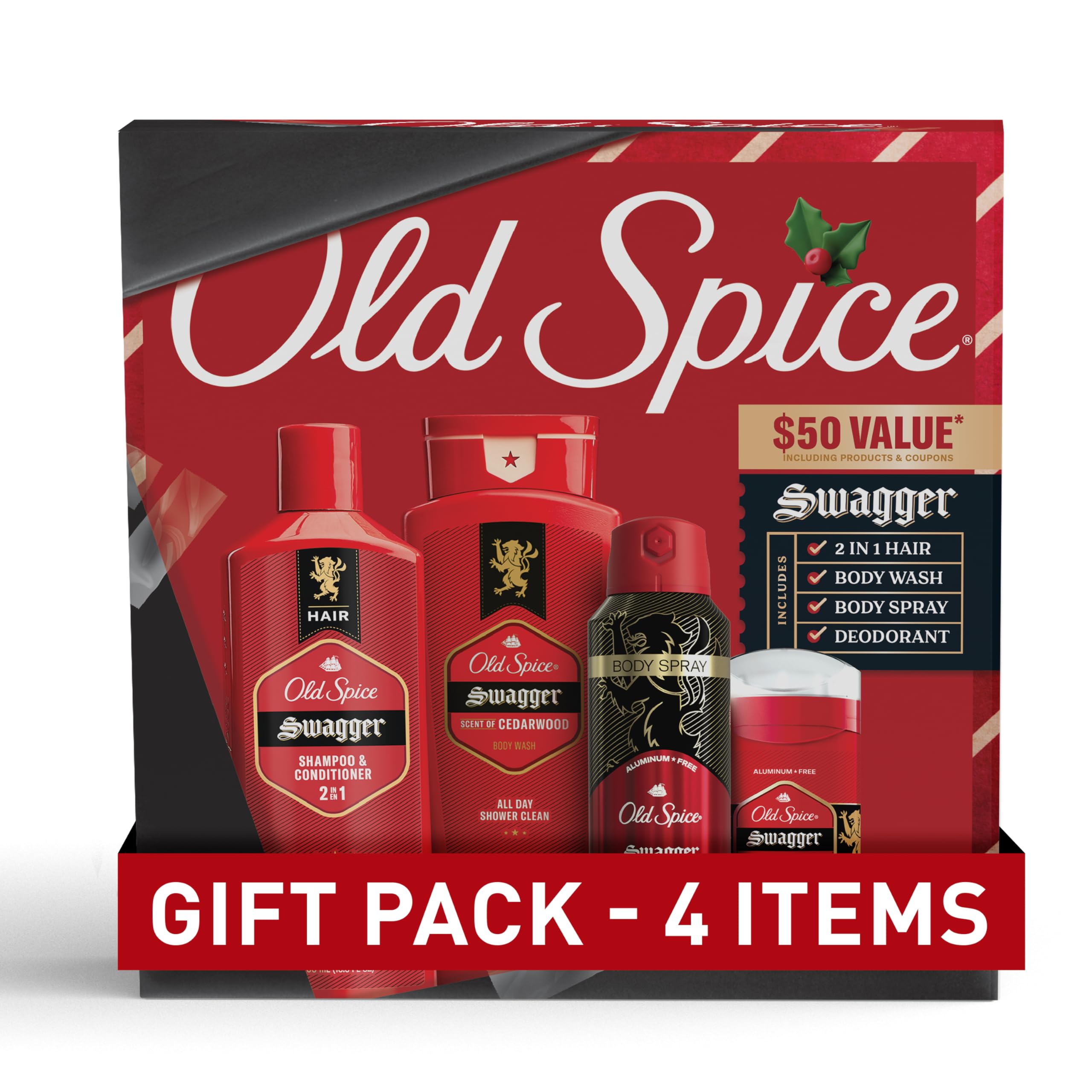 Old Spice Holiday Gift Pack for men, Swagger Scent, Body Wash 4-pack